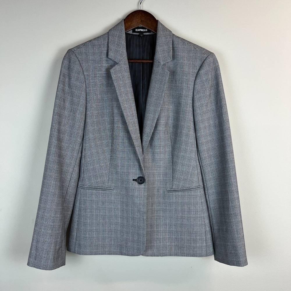 Express Blazer Jacket Womens 10 Black White Houndstooth Plaid Preppy Office